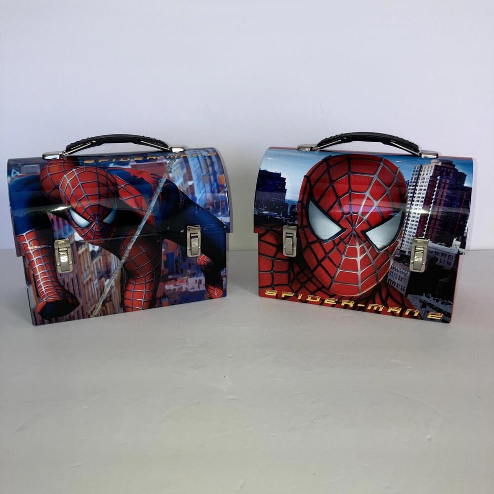 (2) Vintage 04’ Marvel Spider-Man 2 Movie Miniature Lunchbox Tin Metal Dome NEW